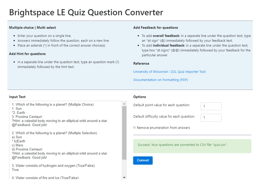 brightspace learning environment quiz question converter